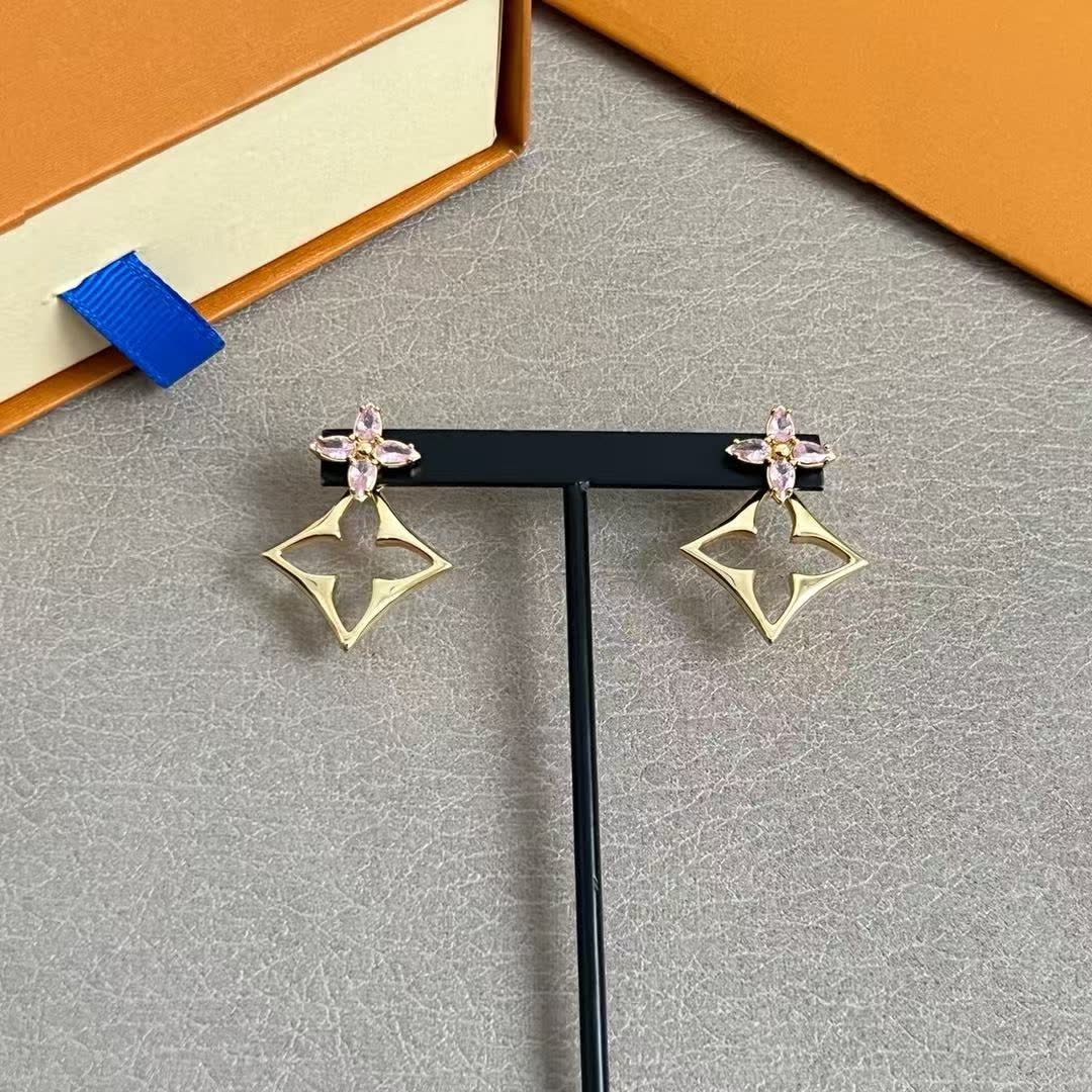 Louis Vuitton Gold Flower Stud Earrings with Pink Stones